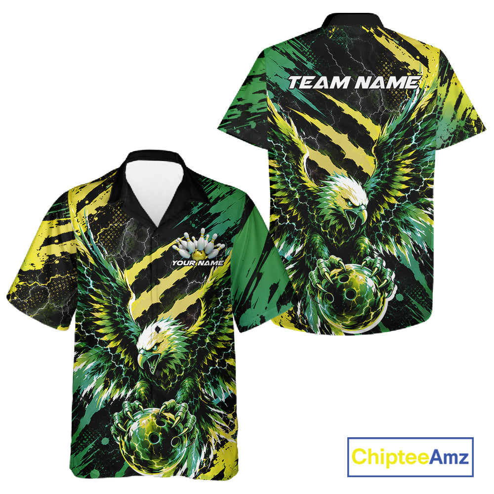 Custom Green And Yellow Claw Marks Eagle Bowling Men And Women Button Up Shirt, Eagle Bowling Jersey IPHW12043