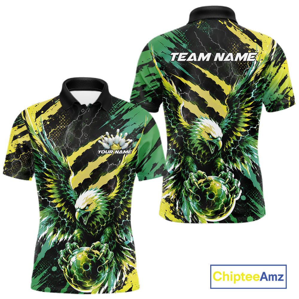 Custom Green And Yellow Claw Marks Eagle Bowling Men Polo Shirt, Eagle Bowling Jersey IPHW12043