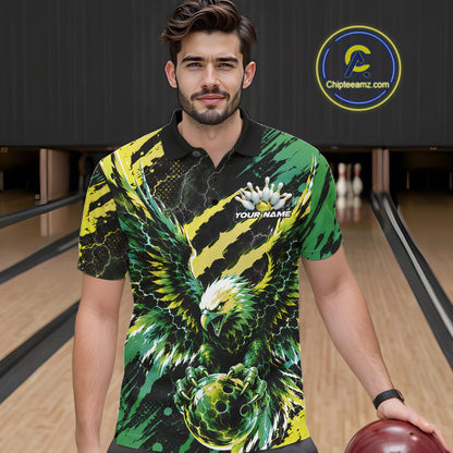 Custom Green And Yellow Claw Marks Eagle Bowling Men Polo Shirt, Eagle Bowling Jersey IPHW12043