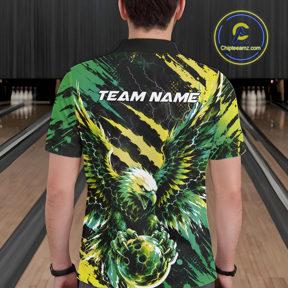 Custom Green And Yellow Claw Marks Eagle Bowling Men Polo Shirt, Eagle Bowling Jersey IPHW12043
