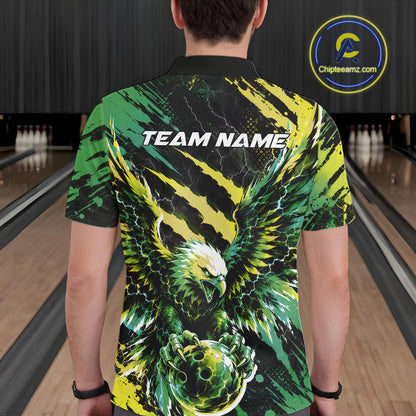 Custom Green And Yellow Claw Marks Eagle Bowling Men Polo Shirt, Eagle Bowling Jersey IPHW12043