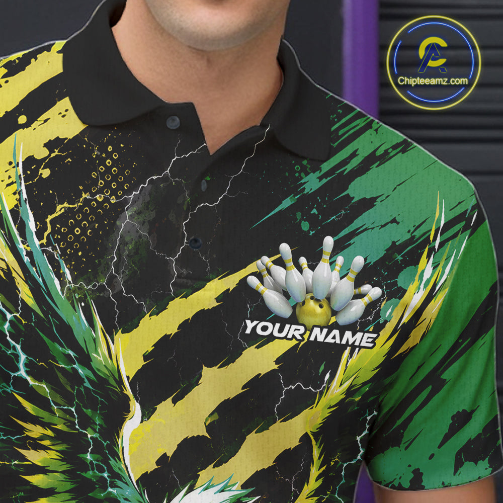 Custom Green And Yellow Claw Marks Eagle Bowling Men Polo Shirt, Eagle Bowling Jersey IPHW12043