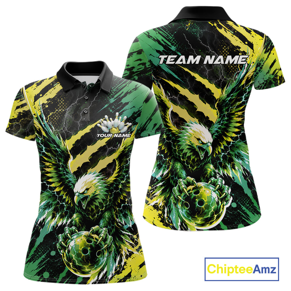 Custom Green And Yellow Claw Marks Eagle Bowling Women Polo Shirt, Eagle Bowling Jersey IPHW12043