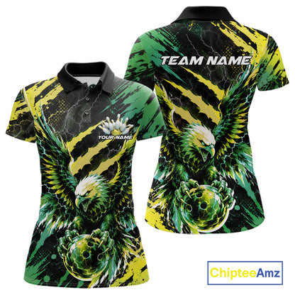 Custom Green And Yellow Claw Marks Eagle Bowling Women Polo Shirt, Eagle Bowling Jersey IPHW12043