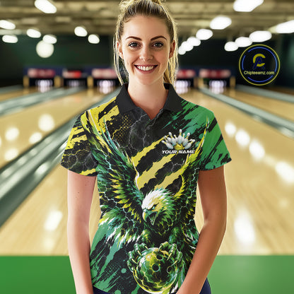 Custom Green And Yellow Claw Marks Eagle Bowling Women Polo Shirt, Eagle Bowling Jersey IPHW12043