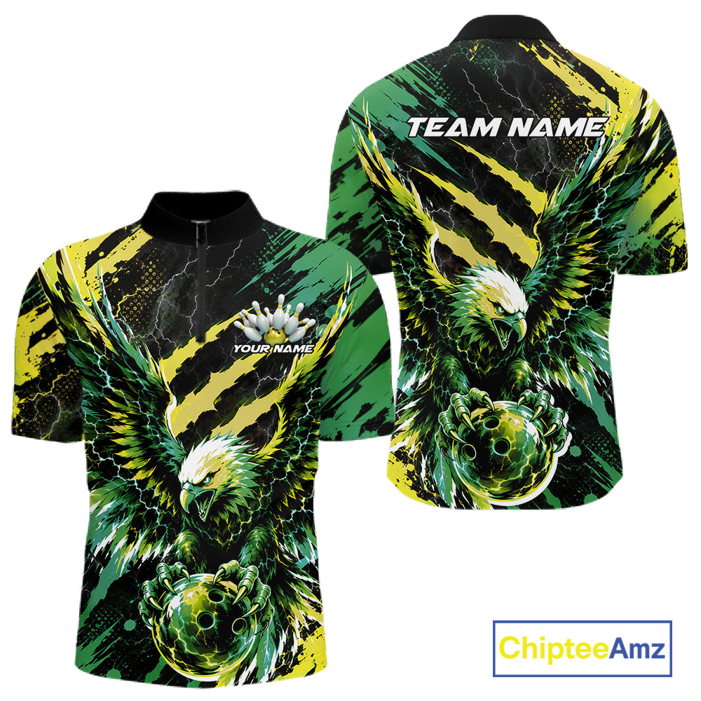 Custom Green And Yellow Claw Marks Eagle Bowling Men Quarter Zip Shirt, Eagle Bowling Jersey IPHW12043
