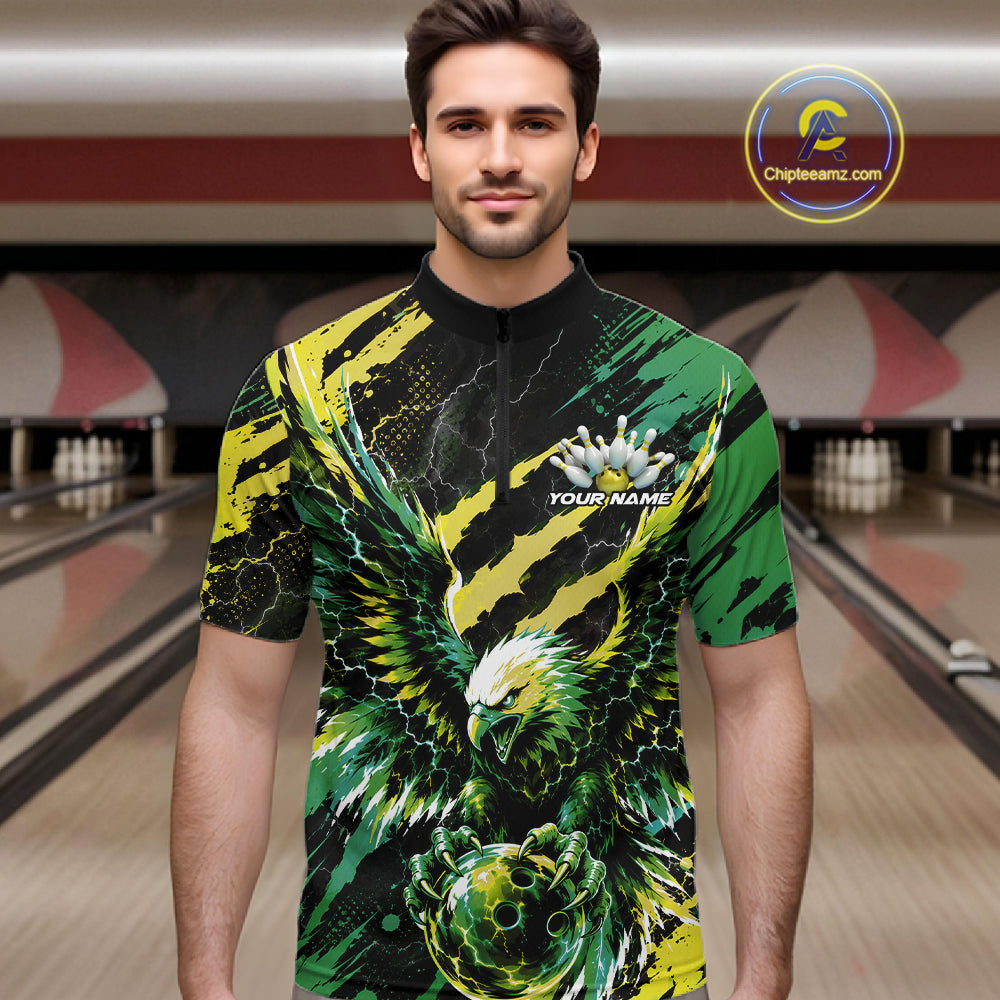 Custom Green And Yellow Claw Marks Eagle Bowling Men Quarter Zip Shirt, Eagle Bowling Jersey IPHW12043