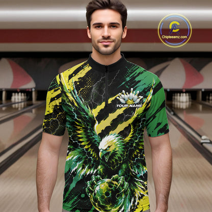 Custom Green And Yellow Claw Marks Eagle Bowling Men Quarter Zip Shirt, Eagle Bowling Jersey IPHW12043