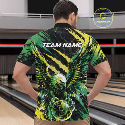 Custom Green And Yellow Claw Marks Eagle Bowling Men Quarter Zip Shirt, Eagle Bowling Jersey IPHW12043