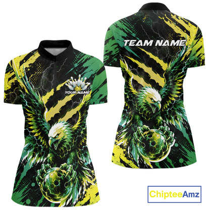 Custom Green And Yellow Claw Marks Eagle Bowling Women Quarter-Zip Shirt, Bowling Jersey IPHW12043