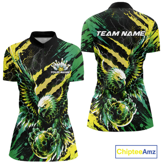 Custom Green And Yellow Claw Marks Eagle Bowling Women Quarter-Zip Shirt, Bowling Jersey IPHW12043