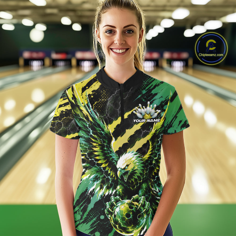 Custom Green And Yellow Claw Marks Eagle Bowling Women Quarter-Zip Shirt, Bowling Jersey IPHW12043