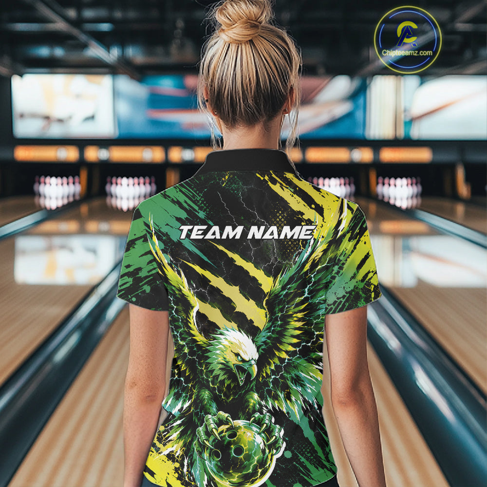 Custom Green And Yellow Claw Marks Eagle Bowling Women Quarter-Zip Shirt, Bowling Jersey IPHW12043