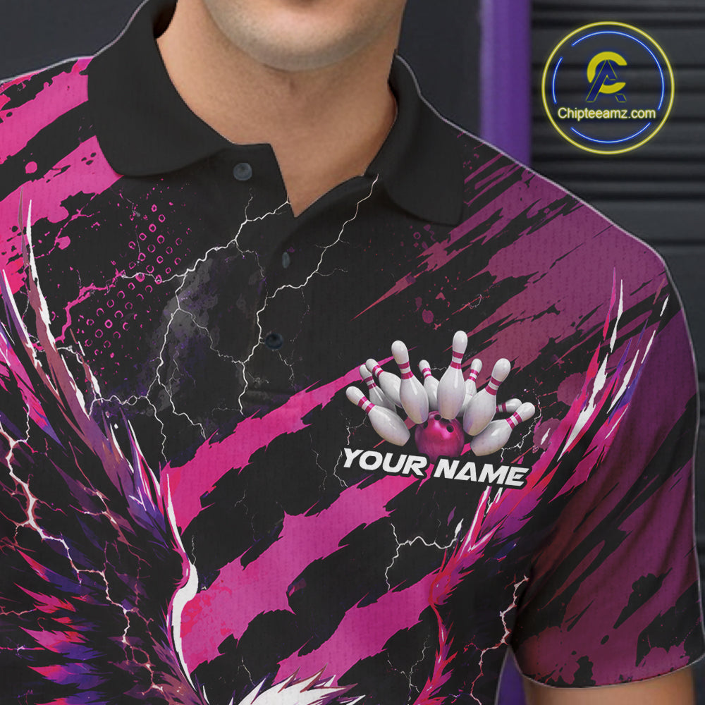 Custom Pink And Purple Claw Marks Eagle Bowling Men Polo Shirt, Eagle Bowling Jersey IPHW12044