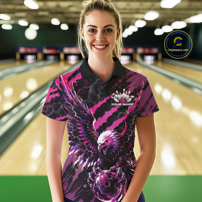 Custom Pink And Purple Claw Marks Eagle Bowling Women Polo Shirt, Eagle Bowling Jersey IPHW12044