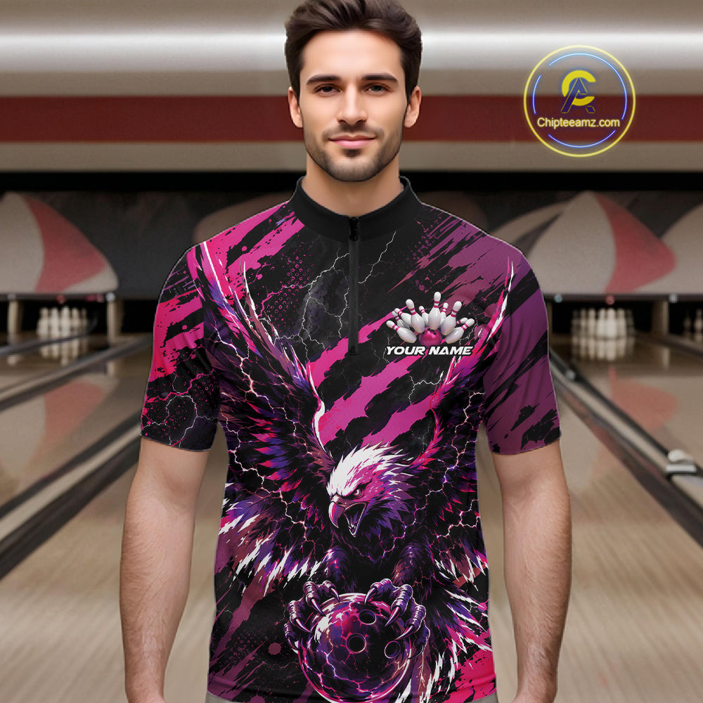 Custom Pink And Purple Claw Marks Eagle Bowling Men Quarter Zip Shirt, Eagle Bowling Jersey IPHW12044