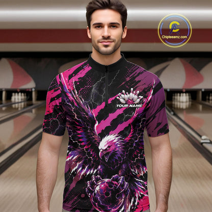 Custom Pink And Purple Claw Marks Eagle Bowling Men Quarter Zip Shirt, Eagle Bowling Jersey IPHW12044