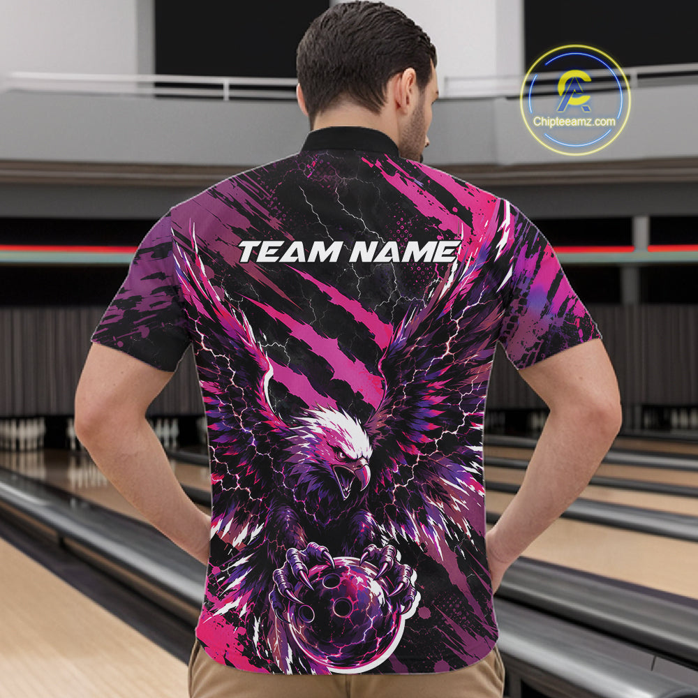Custom Pink And Purple Claw Marks Eagle Bowling Men Quarter Zip Shirt, Eagle Bowling Jersey IPHW12044