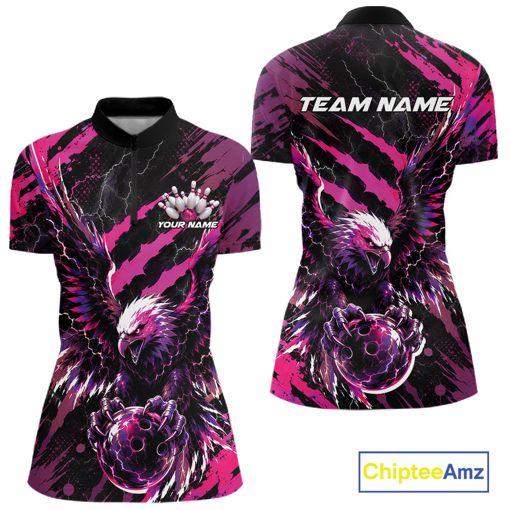Custom Pink And Purple Claw Marks Eagle Bowling Women Quarter-Zip Shirt, Bowling Jersey IPHW12044