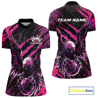 Custom Pink And Purple Claw Marks Eagle Bowling Women Quarter-Zip Shirt, Bowling Jersey IPHW12044