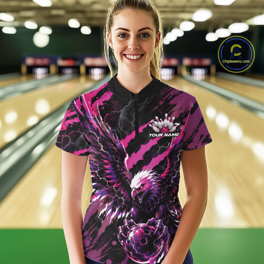 Custom Pink And Purple Claw Marks Eagle Bowling Women Quarter-Zip Shirt, Bowling Jersey IPHW12044