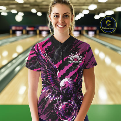 Custom Pink And Purple Claw Marks Eagle Bowling Women Quarter-Zip Shirt, Bowling Jersey IPHW12044