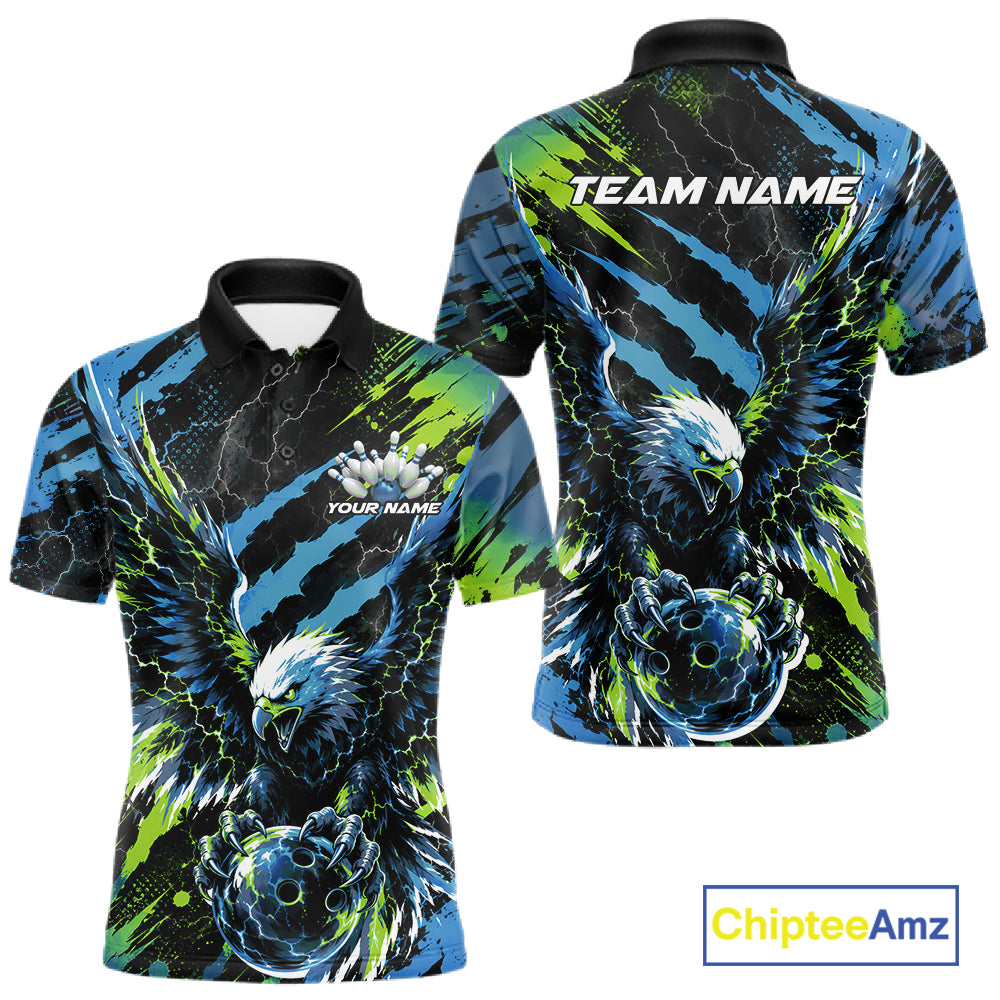 Custom Blue And Green Claw Marks Eagle Bowling Men Polo Shirt, Eagle Bowling Jersey IPHW12045