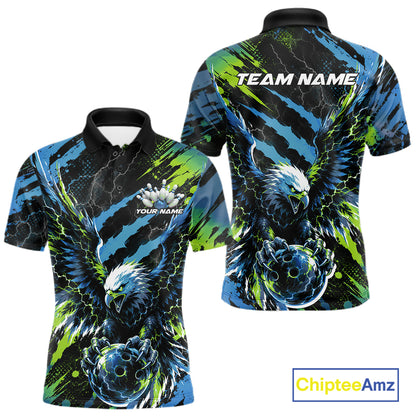 Custom Blue And Green Claw Marks Eagle Bowling Men Polo Shirt, Eagle Bowling Jersey IPHW12045