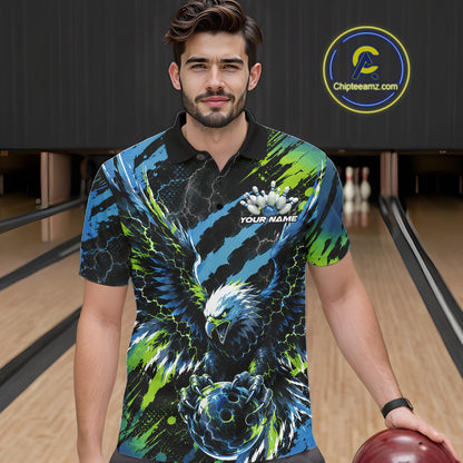 Custom Blue And Green Claw Marks Eagle Bowling Men Polo Shirt, Eagle Bowling Jersey IPHW12045