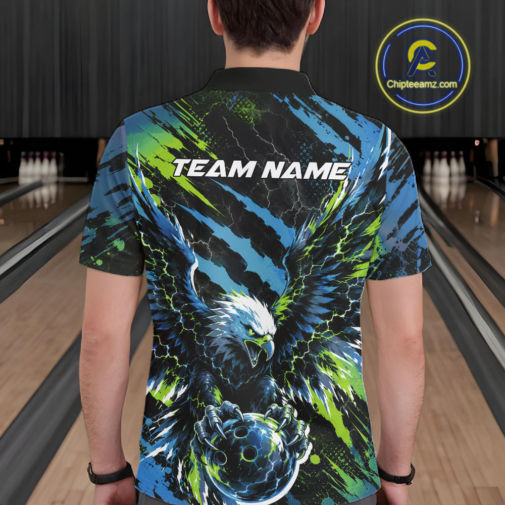 Custom Blue And Green Claw Marks Eagle Bowling Men Polo Shirt, Eagle Bowling Jersey IPHW12045
