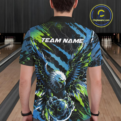 Custom Blue And Green Claw Marks Eagle Bowling Men Polo Shirt, Eagle Bowling Jersey IPHW12045