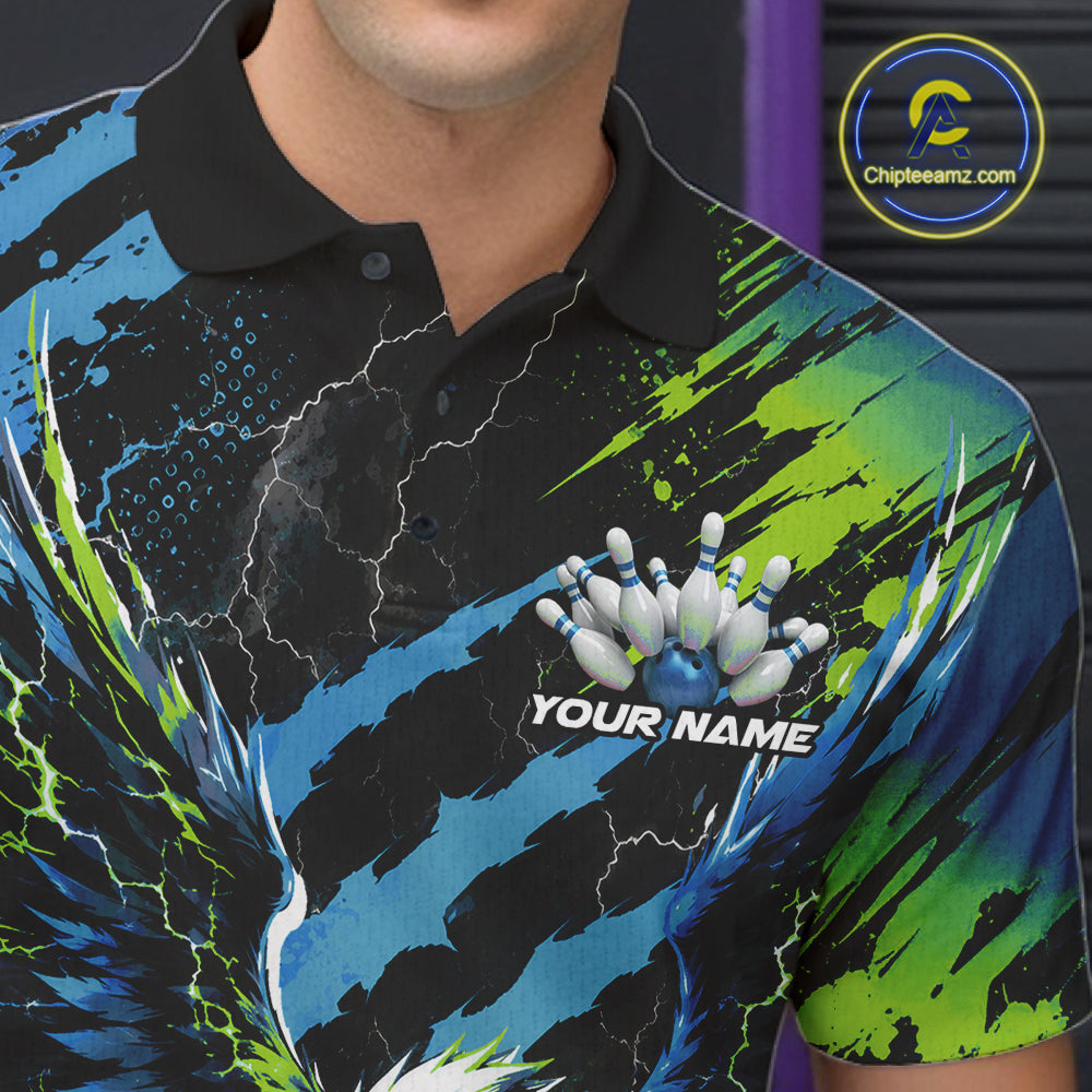Custom Blue And Green Claw Marks Eagle Bowling Men Polo Shirt, Eagle Bowling Jersey IPHW12045