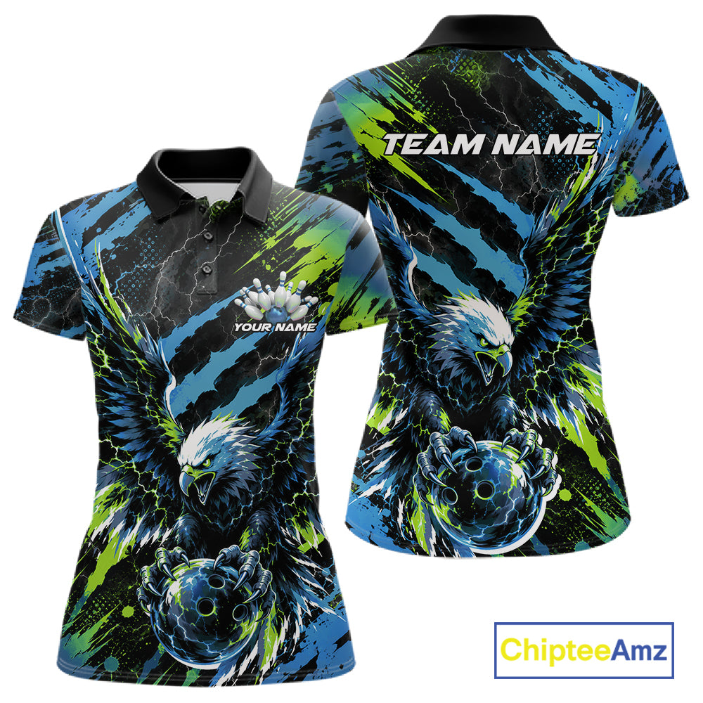 Custom Blue And Green Claw Marks Eagle Bowling Women Polo Shirt, Eagle Bowling Jersey IPHW12045