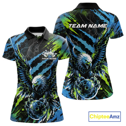 Custom Blue And Green Claw Marks Eagle Bowling Women Polo Shirt, Eagle Bowling Jersey IPHW12045