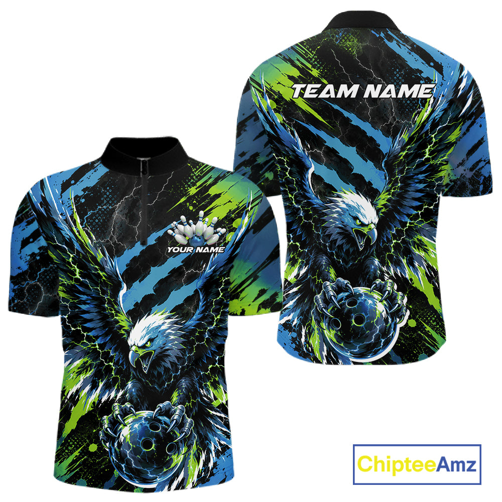 Custom Blue And Green Claw Marks Eagle Bowling Men Quarter Zip Shirt, Eagle Bowling Jersey IPHW12045