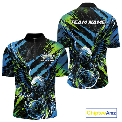 Custom Blue And Green Claw Marks Eagle Bowling Men Quarter Zip Shirt, Eagle Bowling Jersey IPHW12045