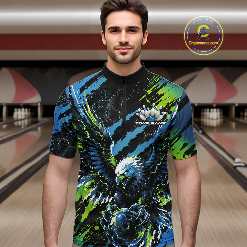 Custom Blue And Green Claw Marks Eagle Bowling Men Quarter Zip Shirt, Eagle Bowling Jersey IPHW12045