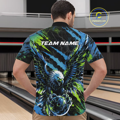 Custom Blue And Green Claw Marks Eagle Bowling Men Quarter Zip Shirt, Eagle Bowling Jersey IPHW12045