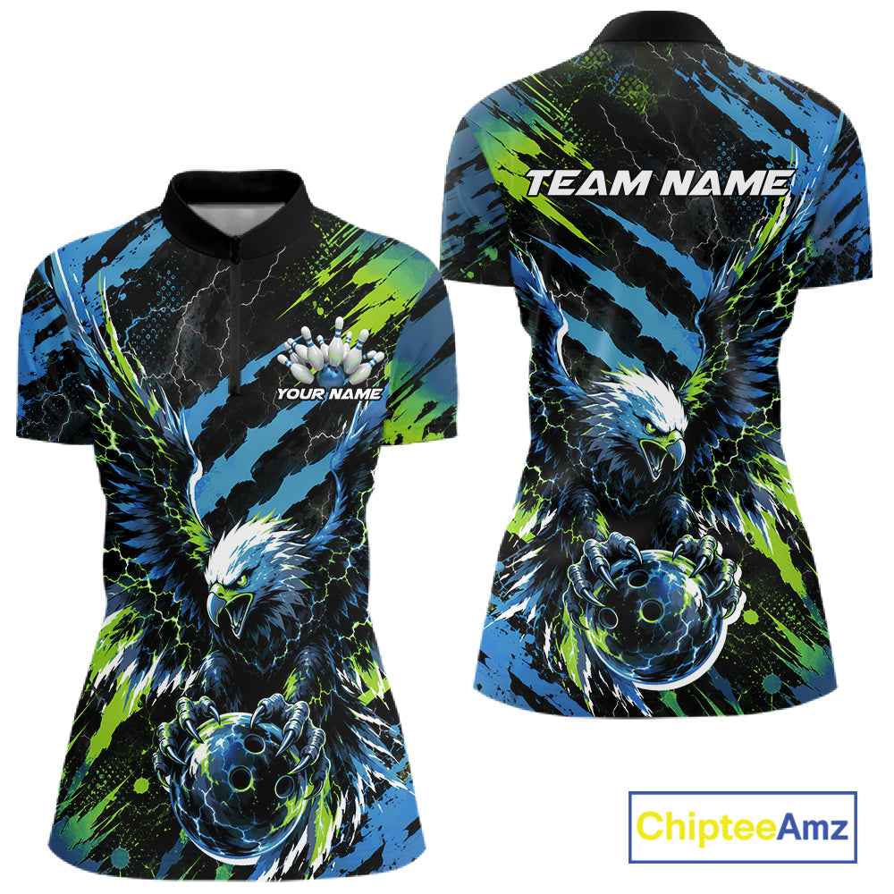 Custom Blue And Green Claw Marks Eagle Bowling Women Quarter-Zip Shirt, Bowling Jersey IPHW12045