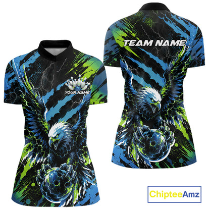 Custom Blue And Green Claw Marks Eagle Bowling Women Quarter-Zip Shirt, Bowling Jersey IPHW12045