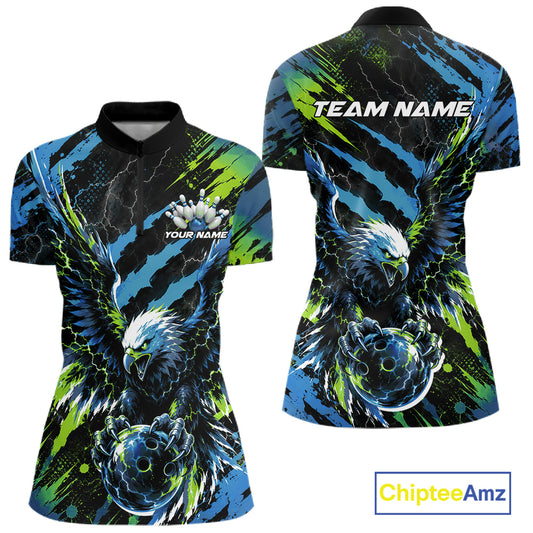 Custom Blue And Green Claw Marks Eagle Bowling Women Quarter-Zip Shirt, Bowling Jersey IPHW12045