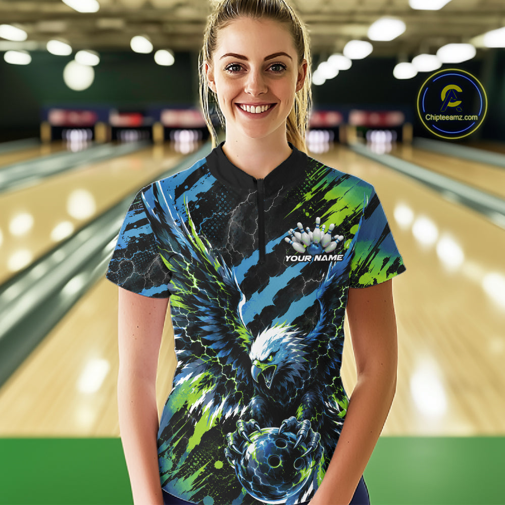 Custom Blue And Green Claw Marks Eagle Bowling Women Quarter-Zip Shirt, Bowling Jersey IPHW12045