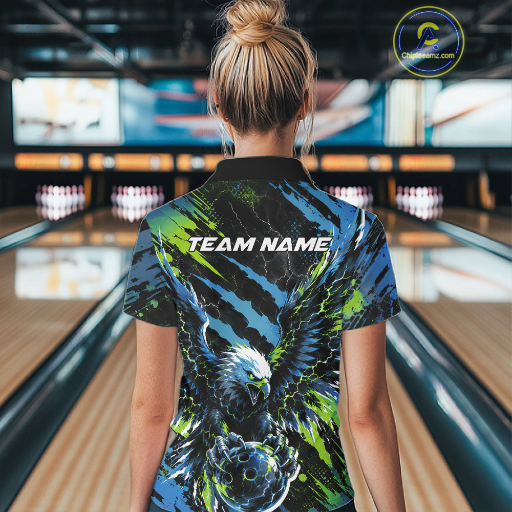 Custom Blue And Green Claw Marks Eagle Bowling Women Quarter-Zip Shirt, Bowling Jersey IPHW12045