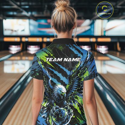 Custom Blue And Green Claw Marks Eagle Bowling Women Quarter-Zip Shirt, Bowling Jersey IPHW12045