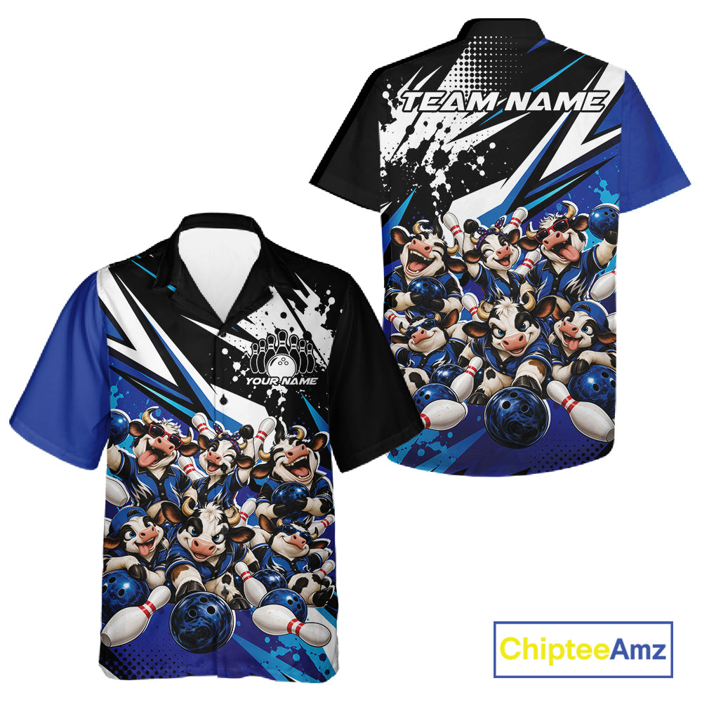 Custom Blue Funny Cows Bowling Team Men And Women Button Up Shirt, Bowling League Shirt IPHW12820