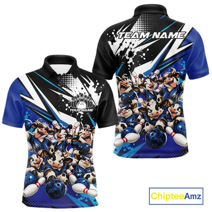 Custom Blue Funny Cows Bowling Team Men Polo Shirt, Bowling League Shirt IPHW12820