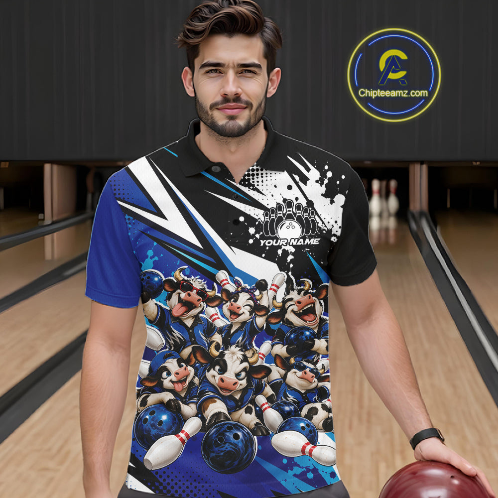 Custom Blue Funny Cows Bowling Team Men Polo Shirt, Bowling League Shirt IPHW12820