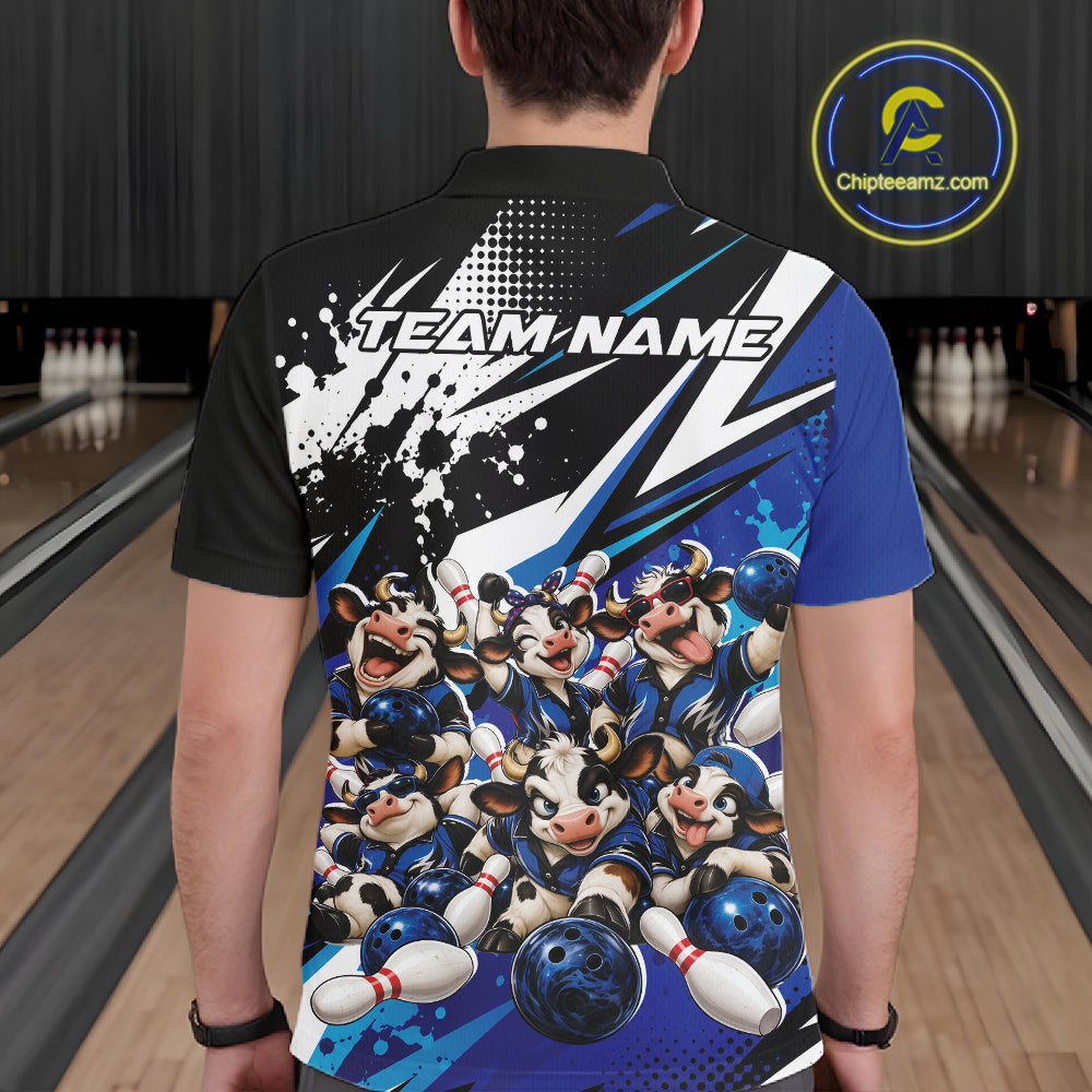 Custom Blue Funny Cows Bowling Team Men Polo Shirt, Bowling League Shirt IPHW12820