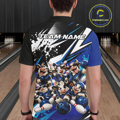 Custom Blue Funny Cows Bowling Team Men Polo Shirt, Bowling League Shirt IPHW12820