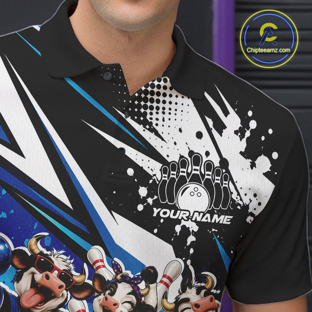 Custom Blue Funny Cows Bowling Team Men Polo Shirt, Bowling League Shirt IPHW12820